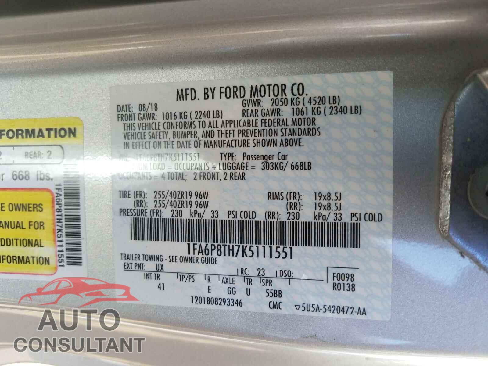 FORD MUSTANG 2019 - 1FA6P8TH7K5111551
