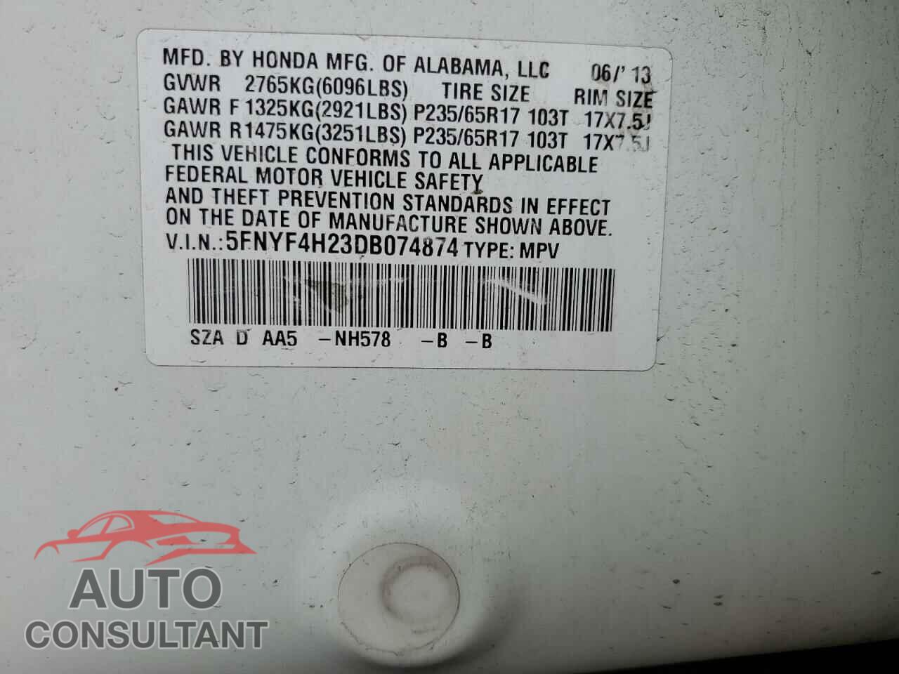 HONDA PILOT 2013 - 5FNYF4H23DB074874