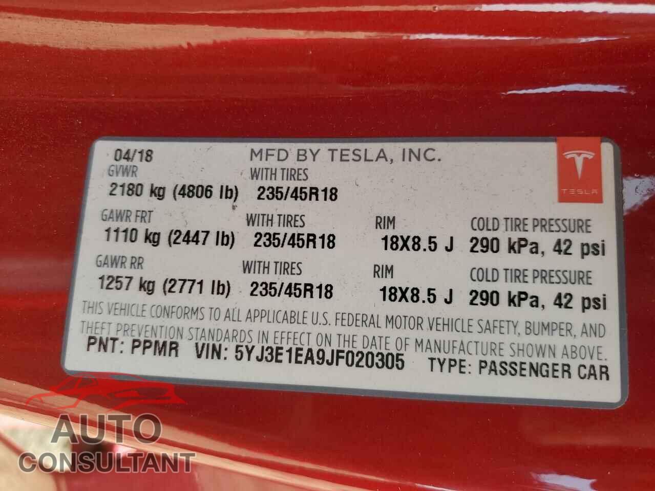 TESLA MODEL 3 2018 - 5YJ3E1EA9JF020305