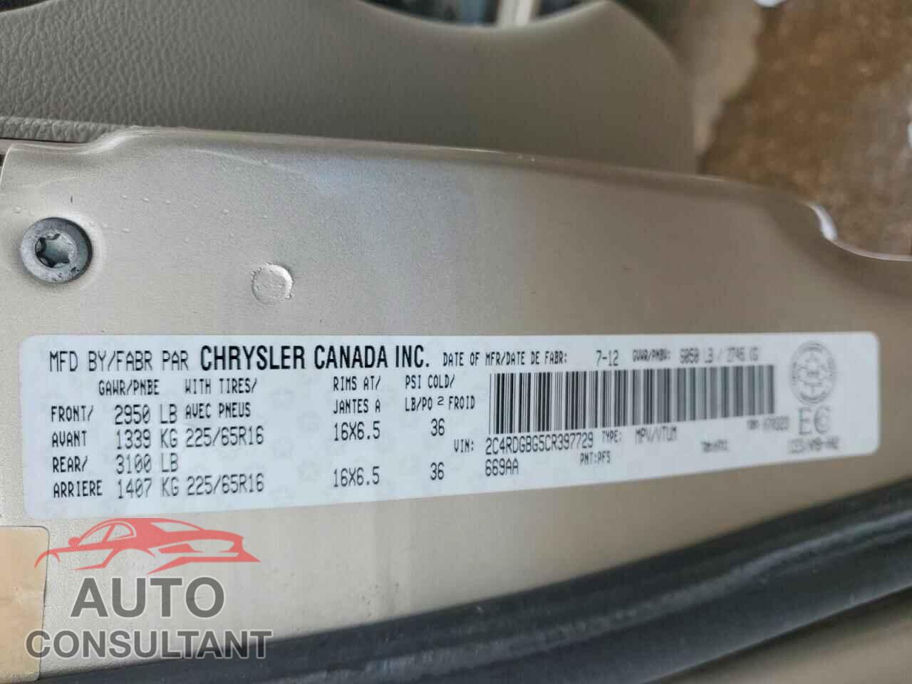 DODGE CARAVAN 2012 - 2C4RDGBG5CR397729