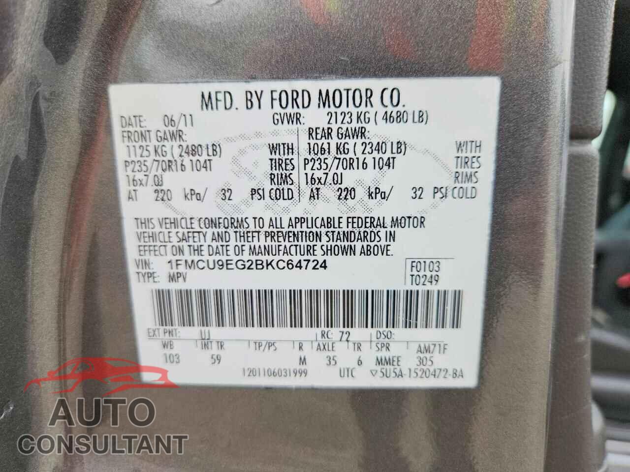 FORD ESCAPE 2011 - 1FMCU9EG2BKC64724