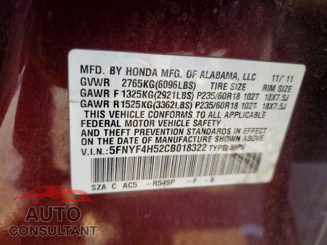 HONDA PILOT 2012 - 5FNYF4H52CB018322
