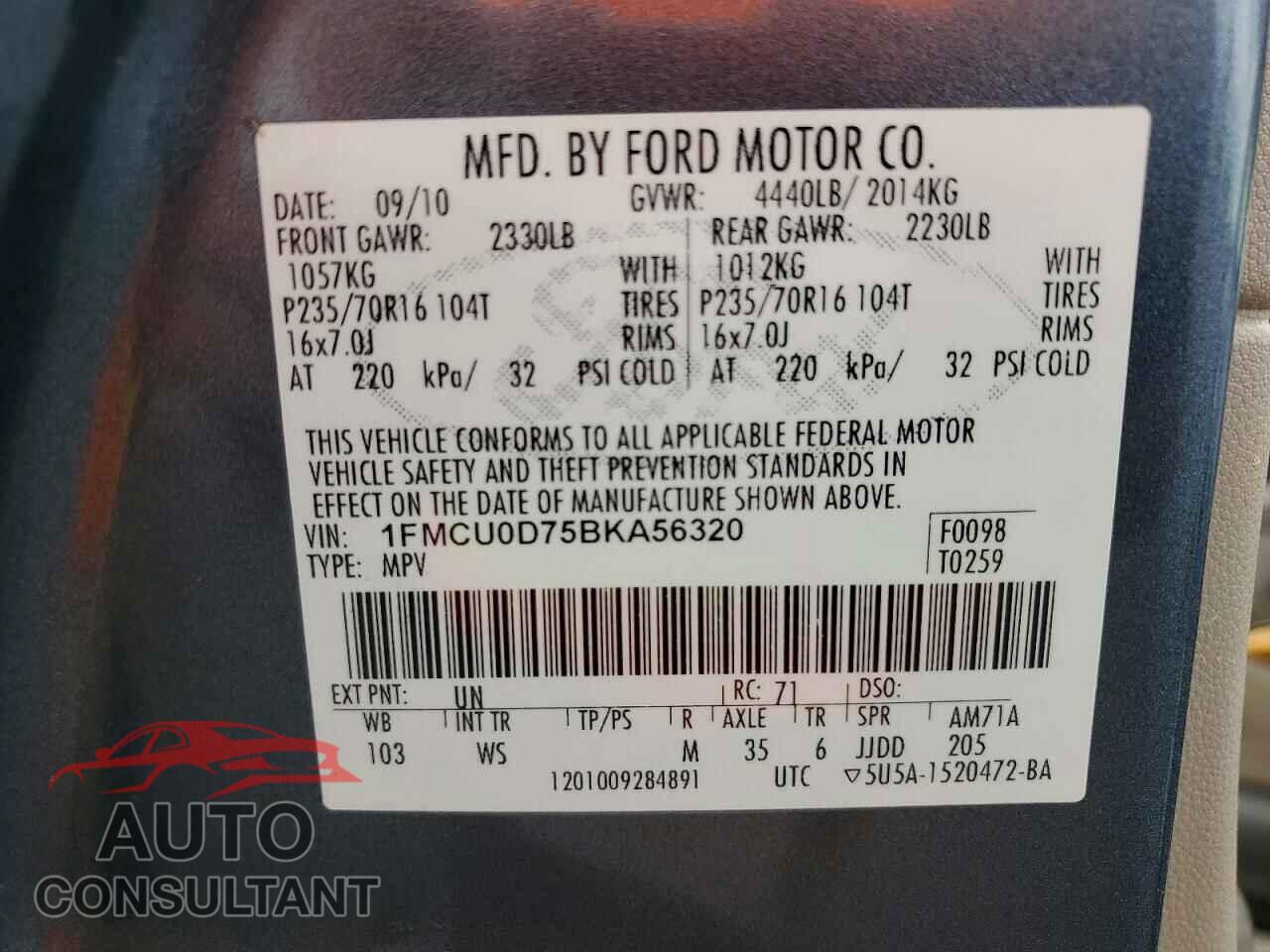 FORD ESCAPE 2011 - 1FMCU0D75BKA56320