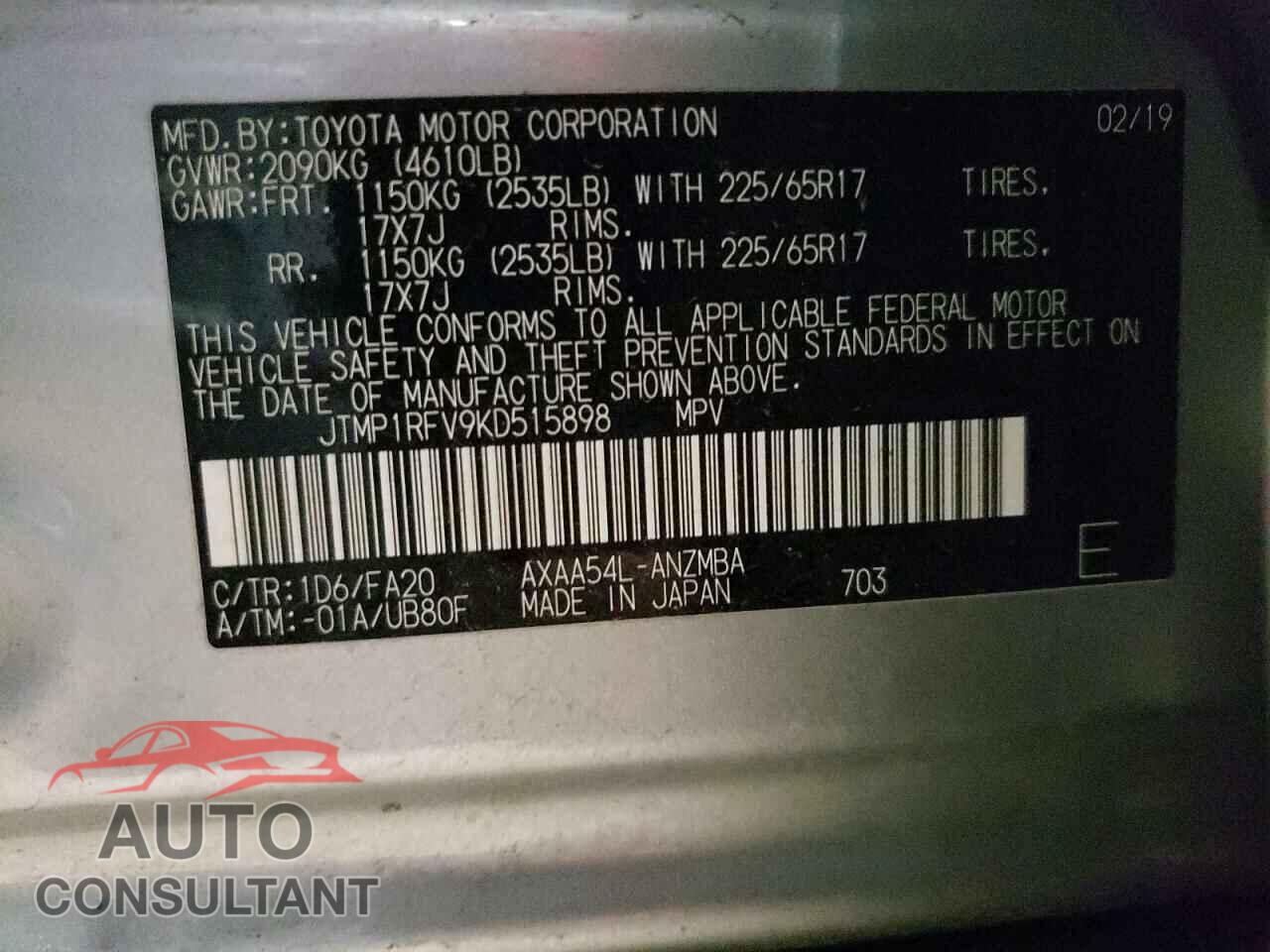 TOYOTA RAV4 2019 - JTMP1RFV9KD515898