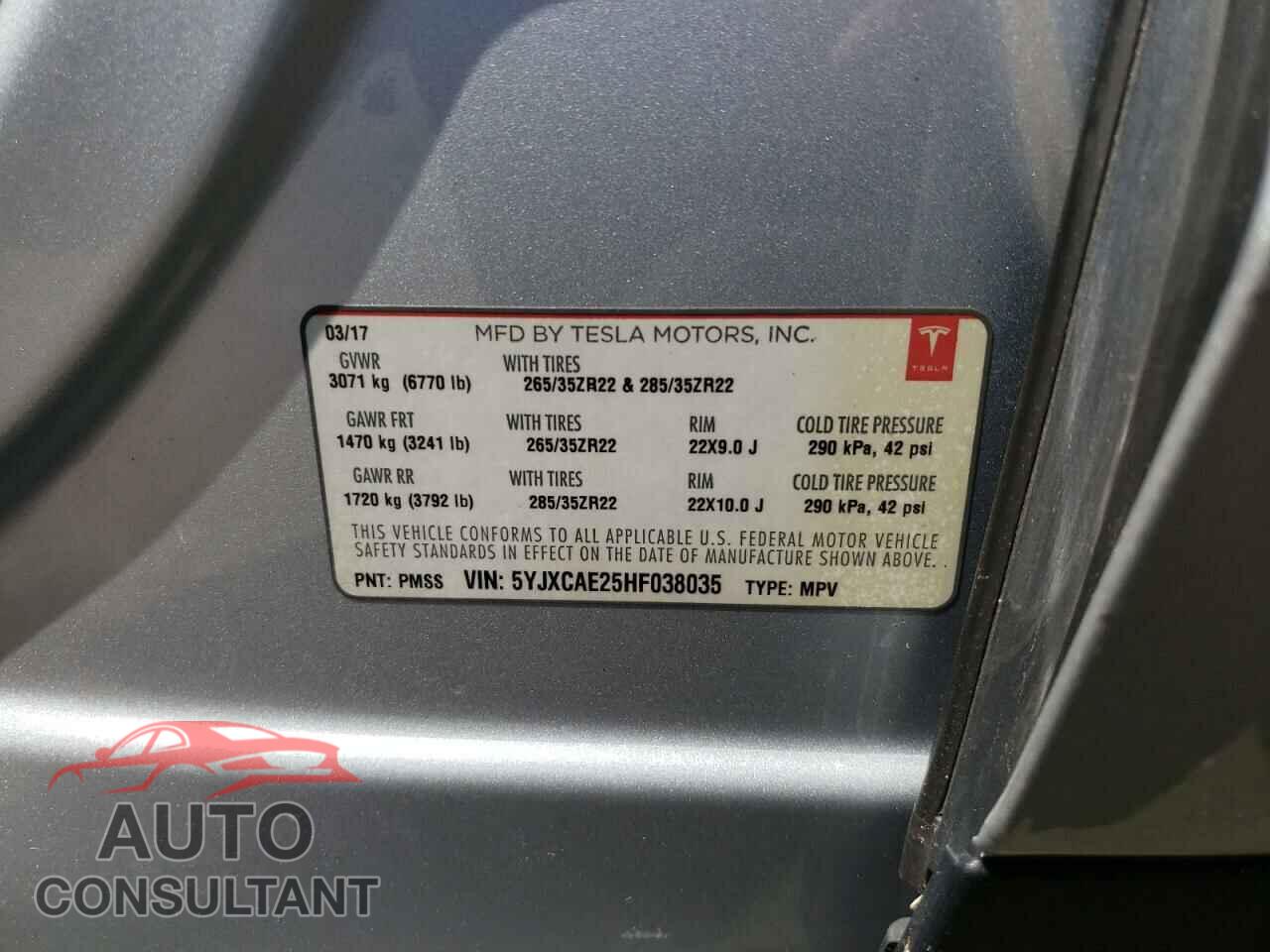 TESLA MODEL X 2017 - 5YJXCAE25HF038035