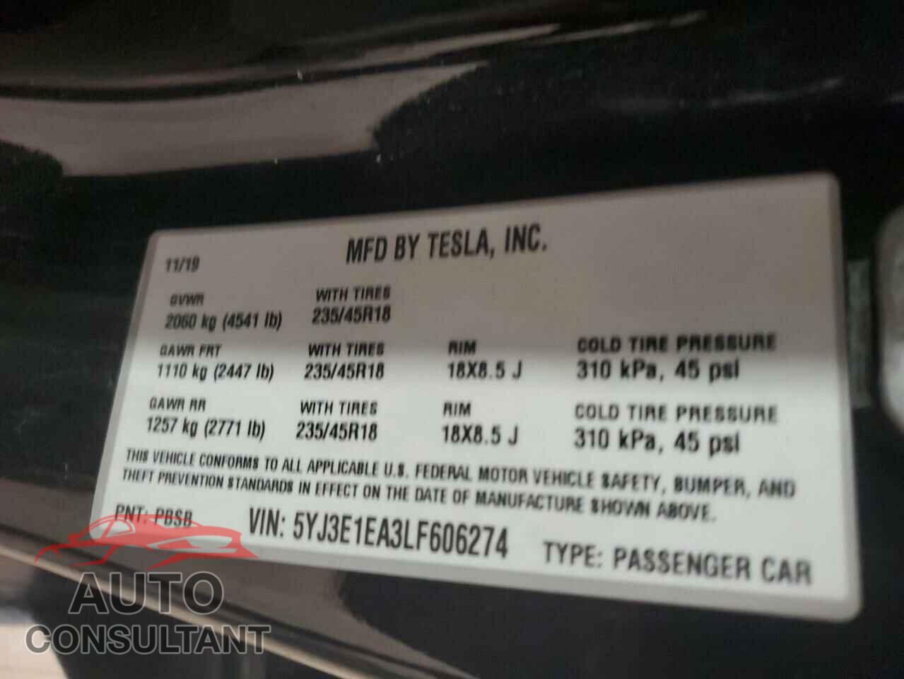 TESLA MODEL 3 2020 - 5YJ3E1EA3LF606274