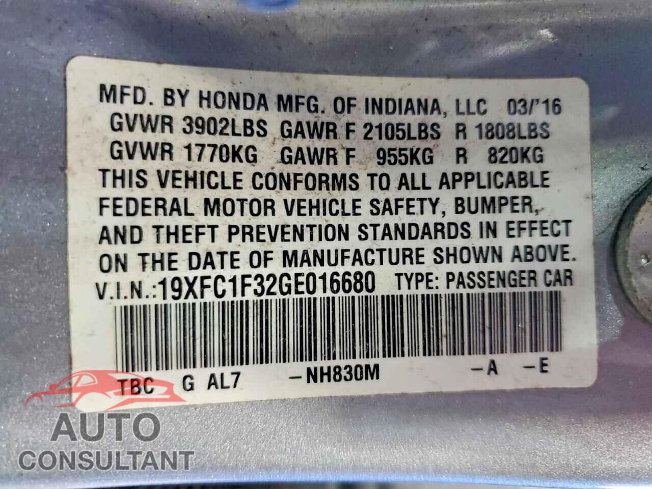 HONDA CIVIC 2016 - 19XFC1F32GE016680