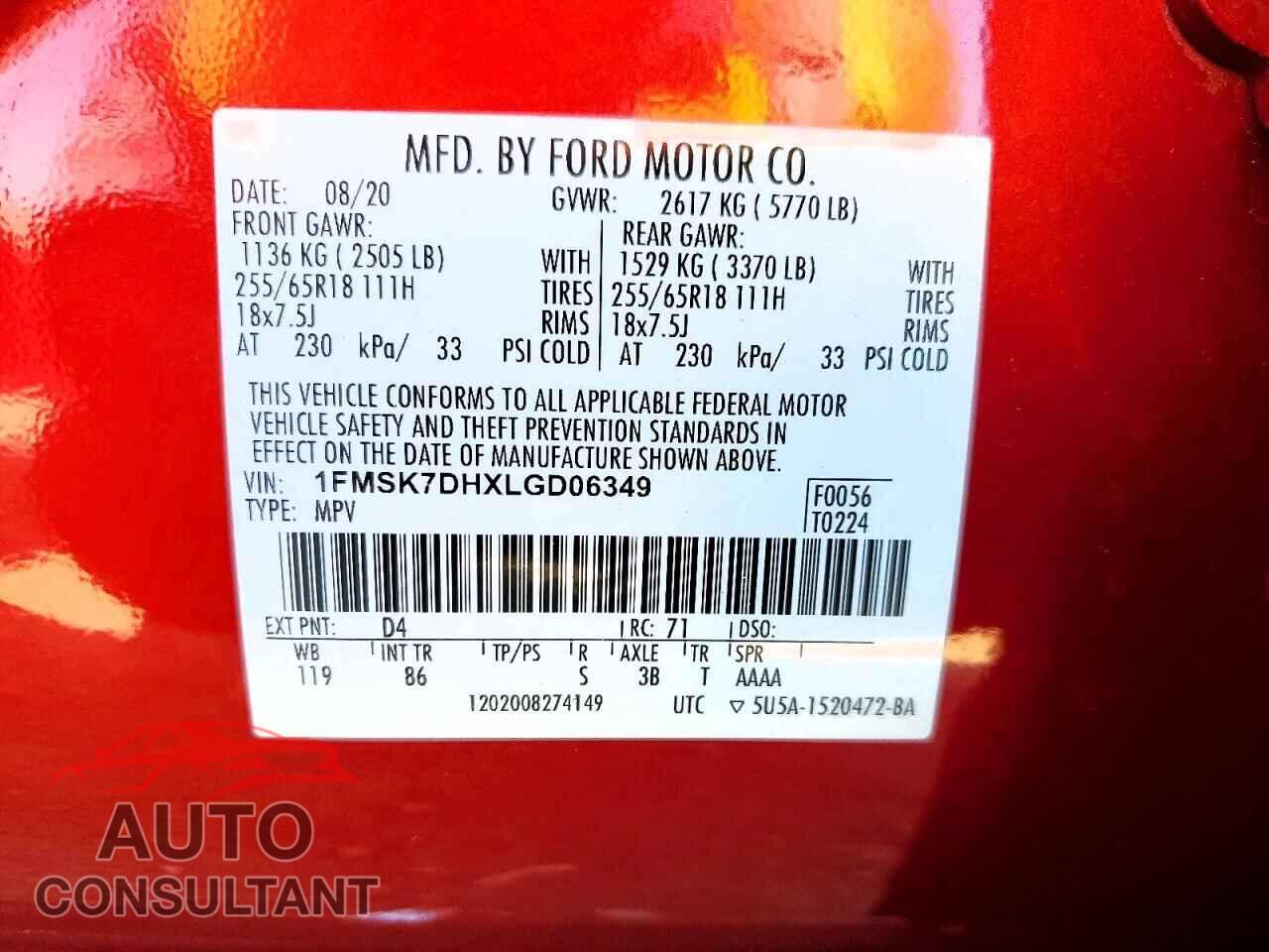 FORD EXPLORER 2020 - 1FMSK7DHXLGD06349