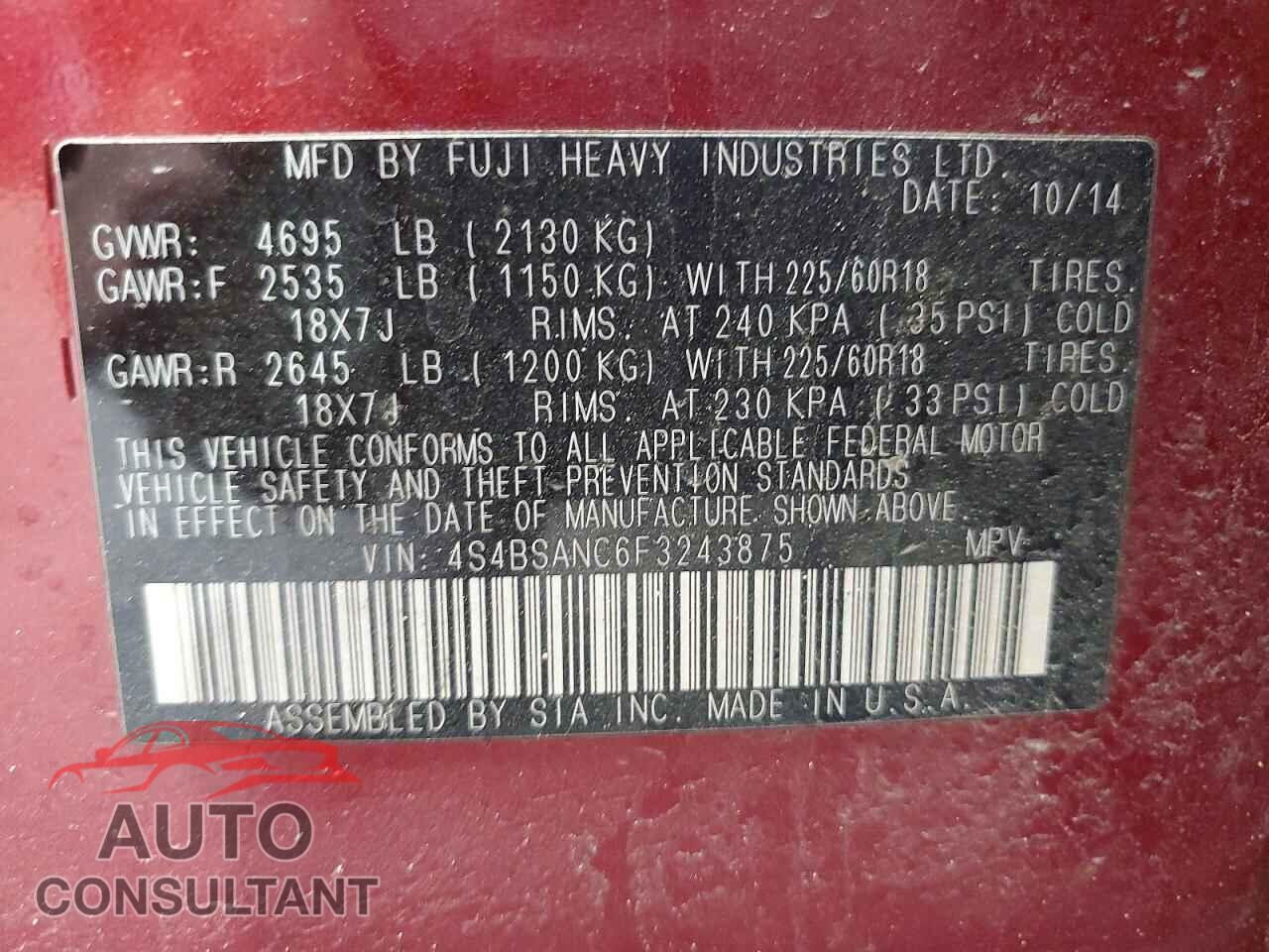 SUBARU OUTBACK 2015 - 4S4BSANC6F3243875