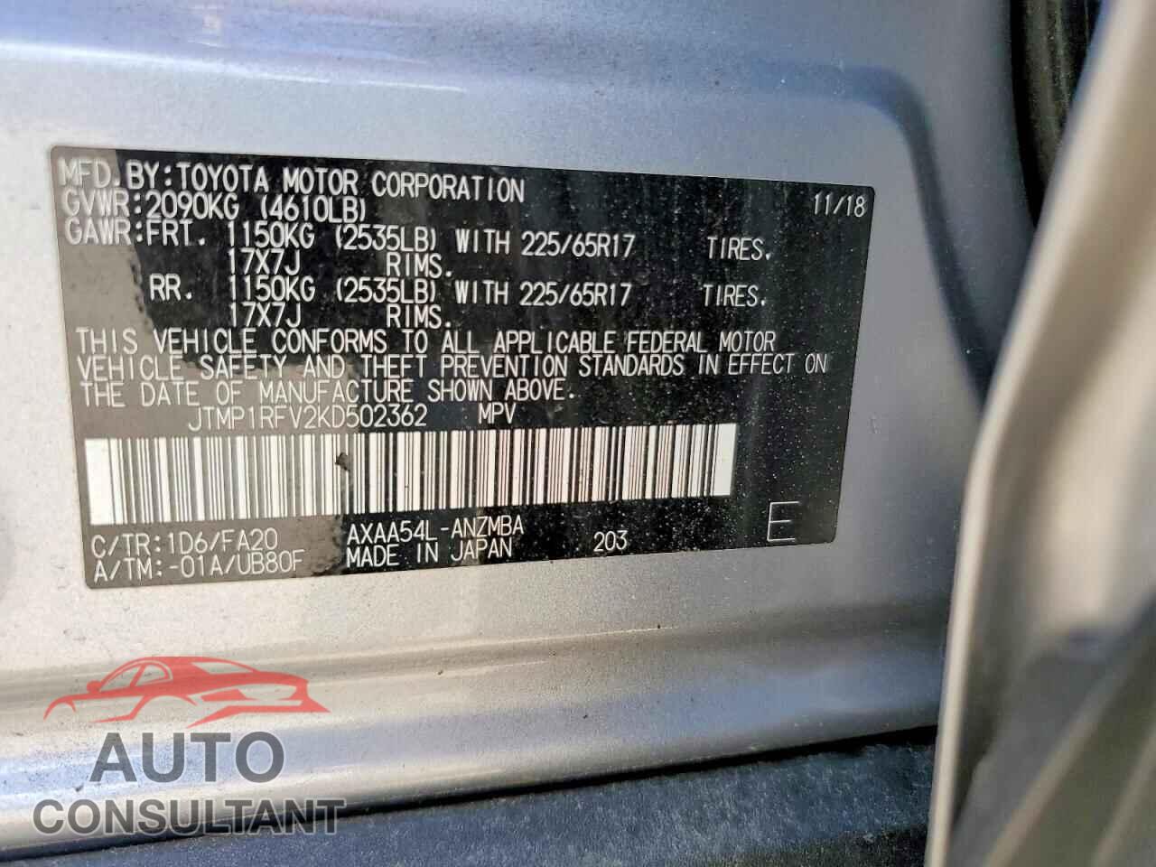TOYOTA RAV4 2019 - JTMP1RFV2KD502362