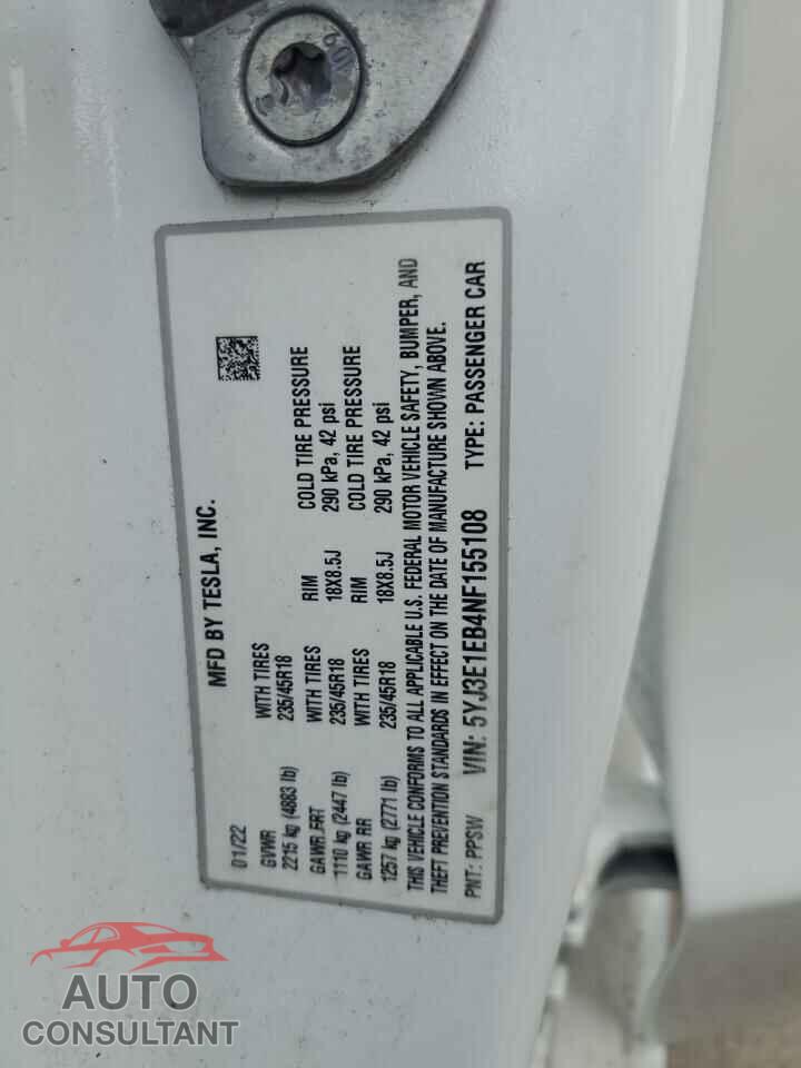 TESLA MODEL 3 2022 - 5YJ3E1EB4NF155108