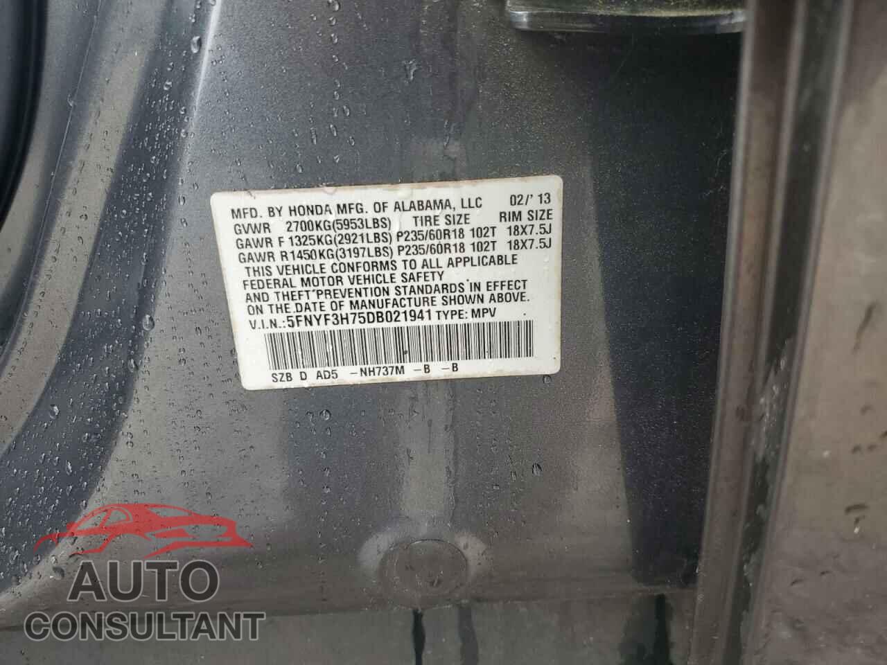 HONDA PILOT 2013 - 5FNYF3H75DB021941