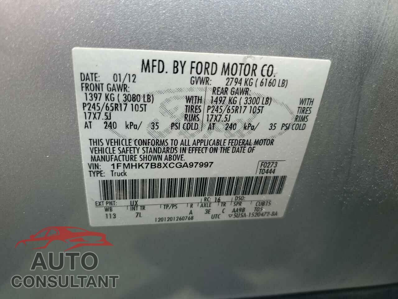 FORD EXPLORER 2012 - 1FMHK7B8XCGA97997