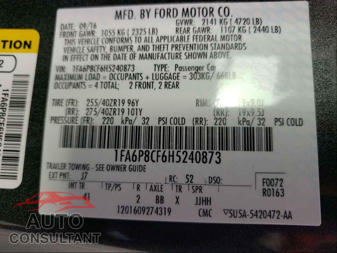FORD MUSTANG 2017 - 1FA6P8CF6H5240873