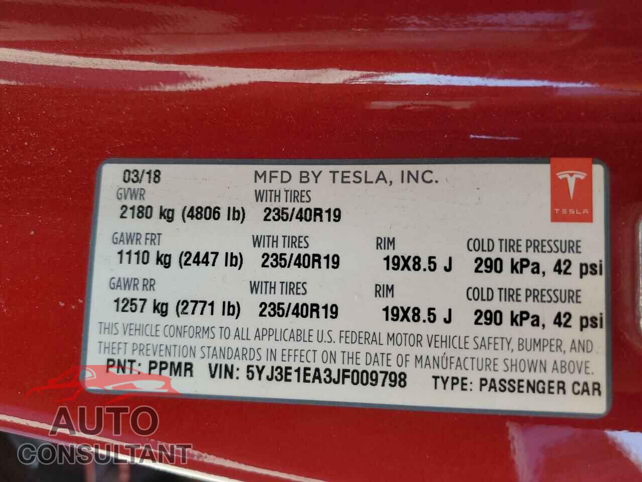 TESLA MODEL 3 2018 - 5YJ3E1EA3JF009798