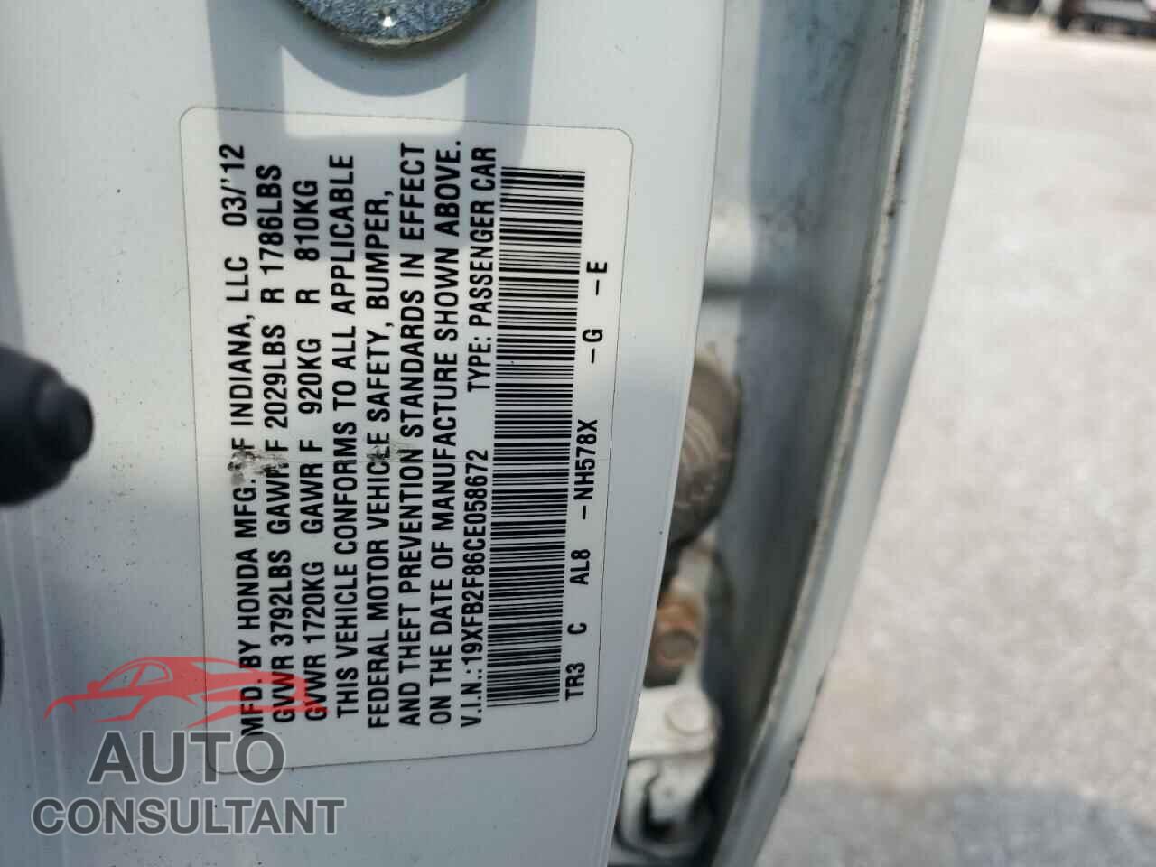 HONDA CIVIC 2012 - 19XFB2F86CE058672