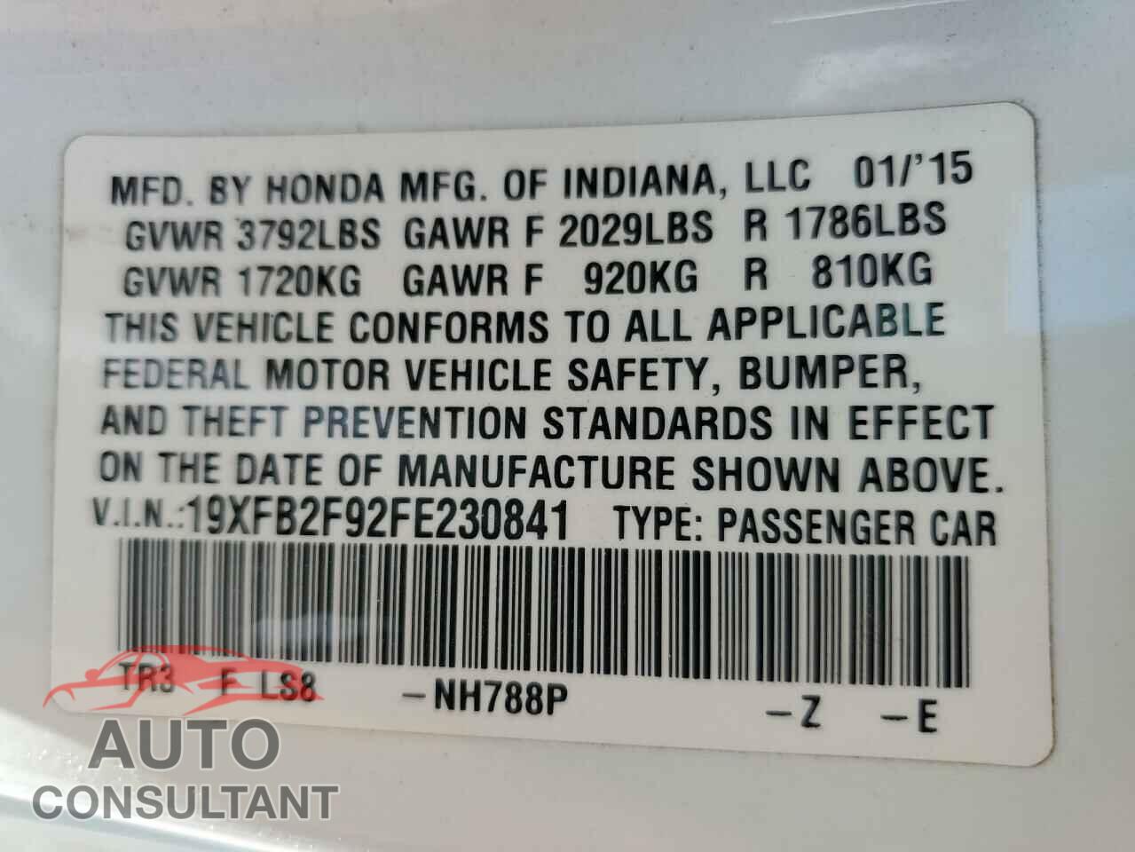 HONDA CIVIC 2015 - 19XFB2F92FE230841