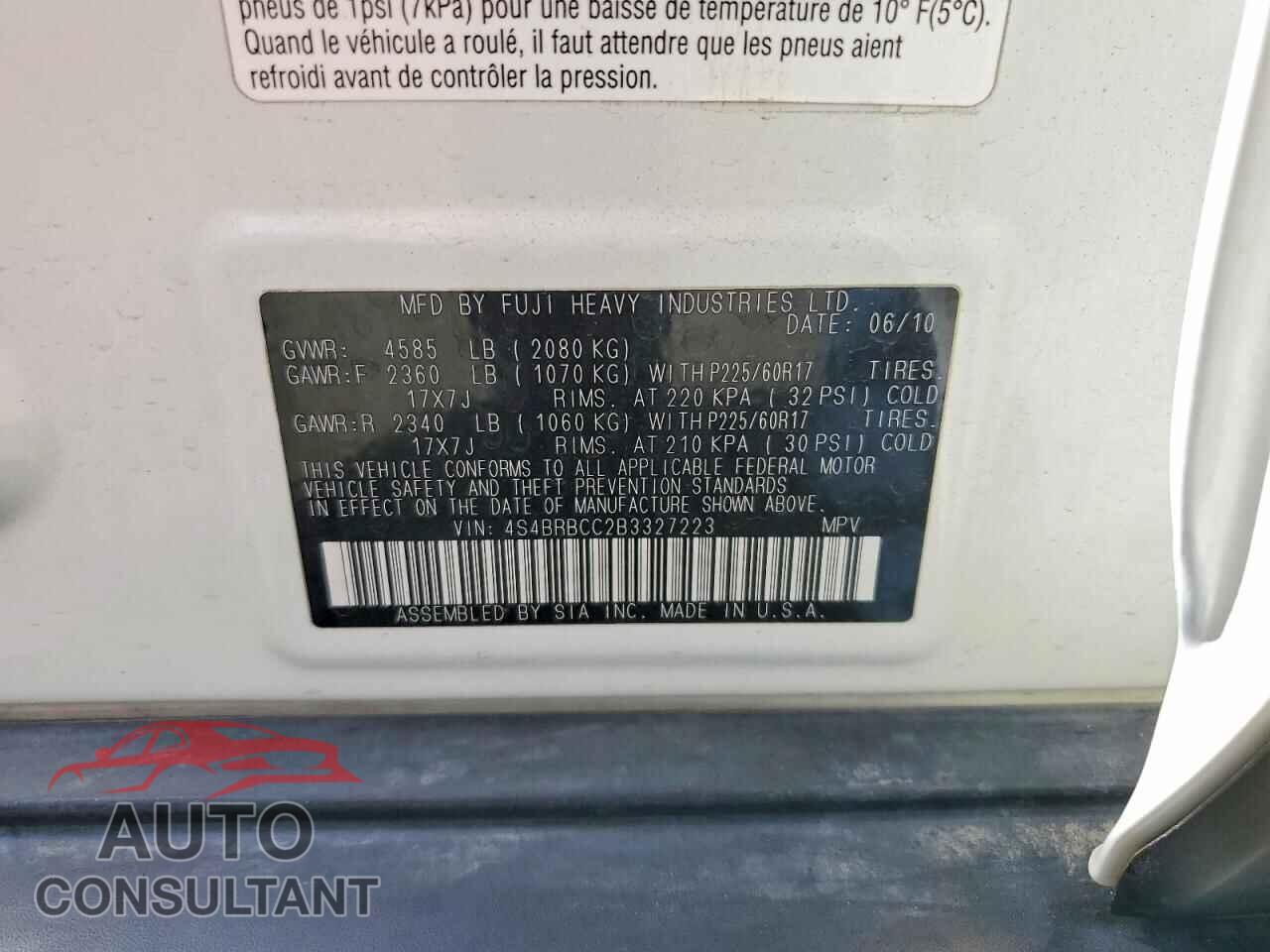 SUBARU OUTBACK 2011 - 4S4BRBCC2B3327223
