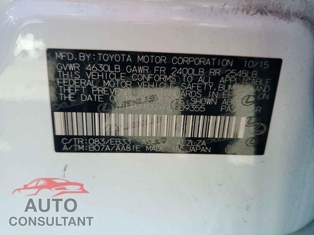 LEXUS IS 2016 - JTHBA1D2XG5009355