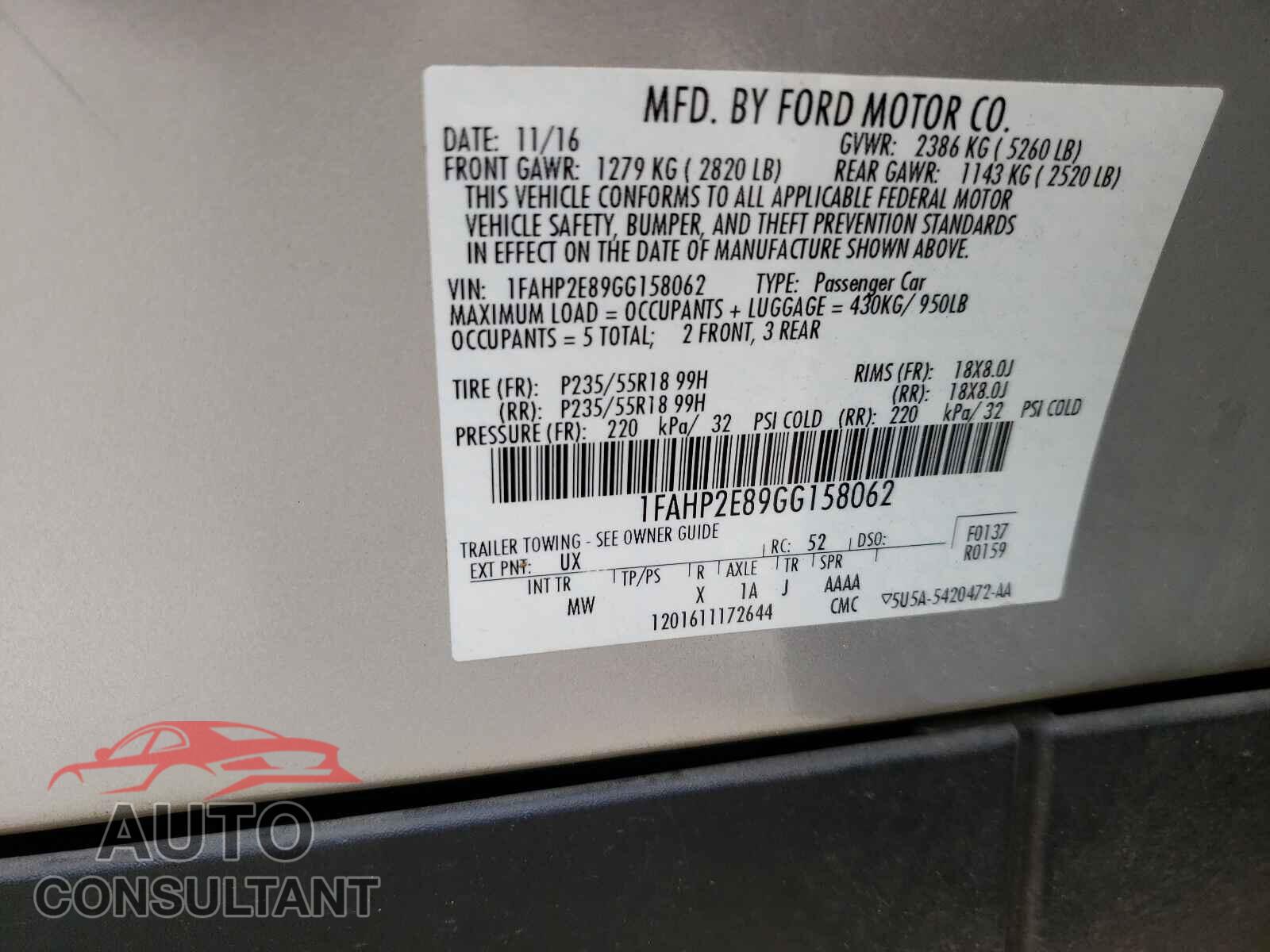 FORD TAURUS 2016 - 1FAHP2E89GG158062