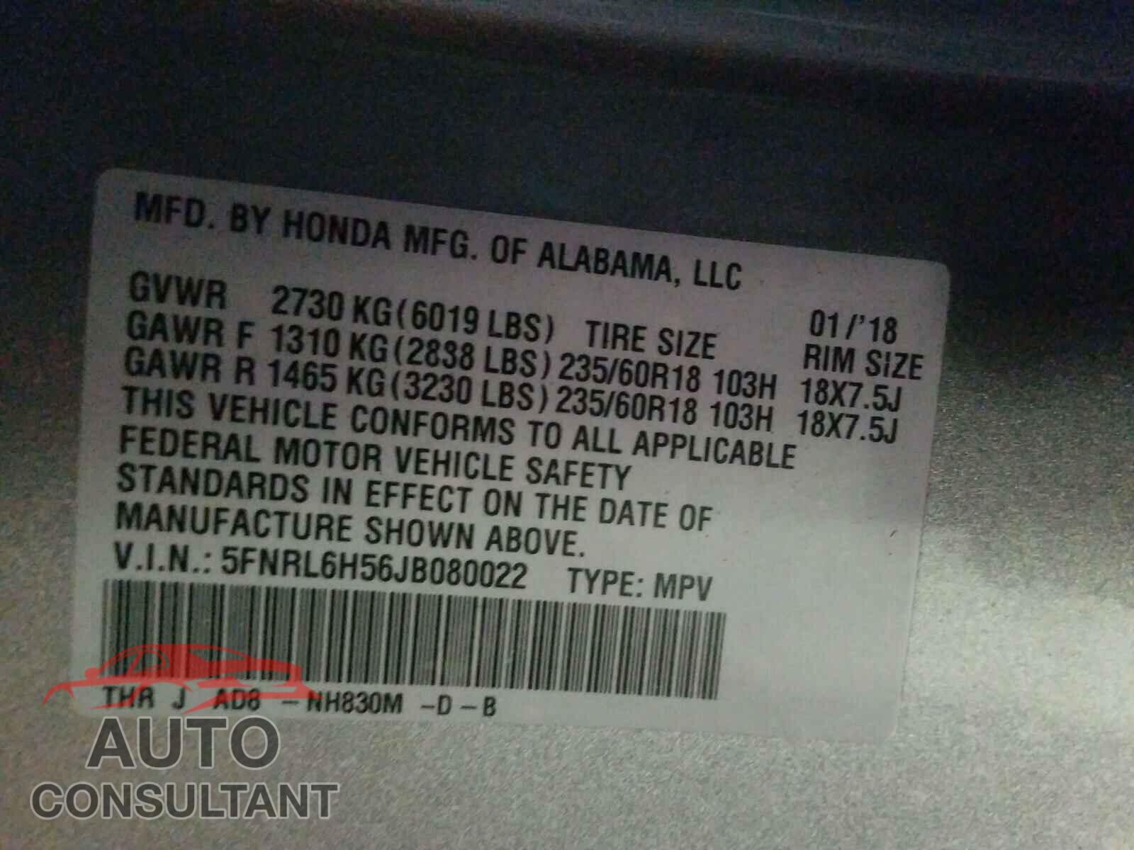 HONDA ODYSSEY 2018 - 5FNRL6H56JB080022