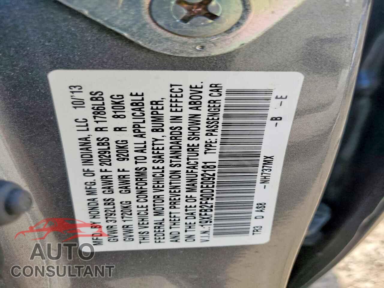 HONDA CIVIC 2013 - 19XFB2F90DE092181