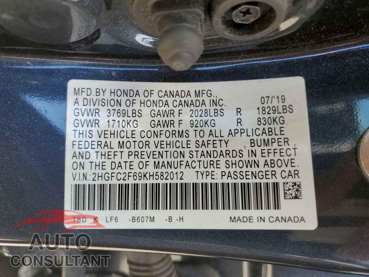 HONDA CIVIC 2019 - 2HGFC2F69KH582012