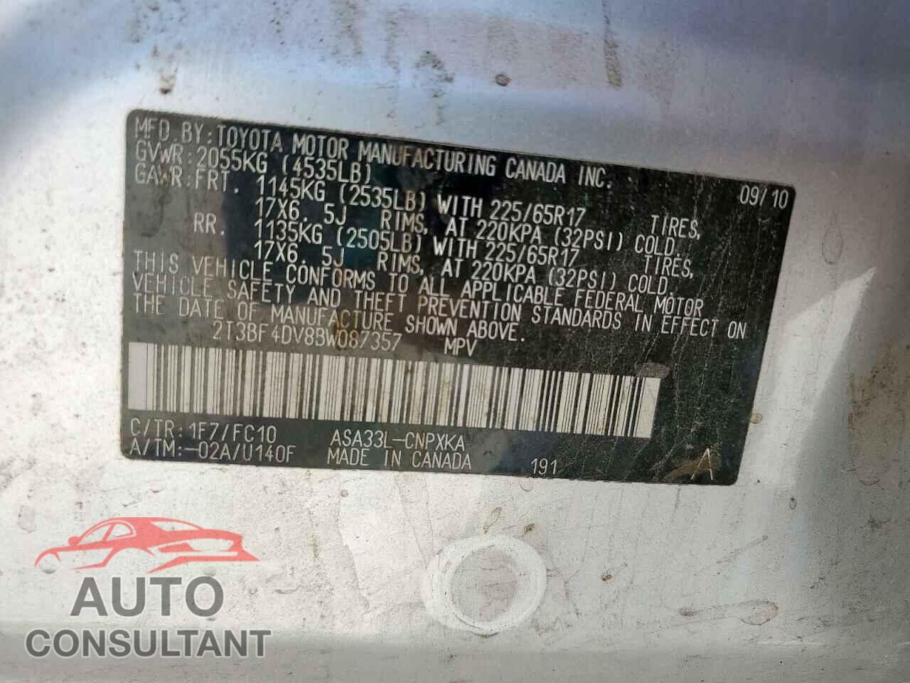 TOYOTA RAV4 2011 - 2T3BF4DV8BW087357