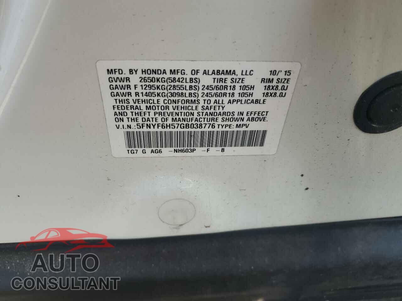HONDA PILOT 2016 - 5FNYF6H57GB038776