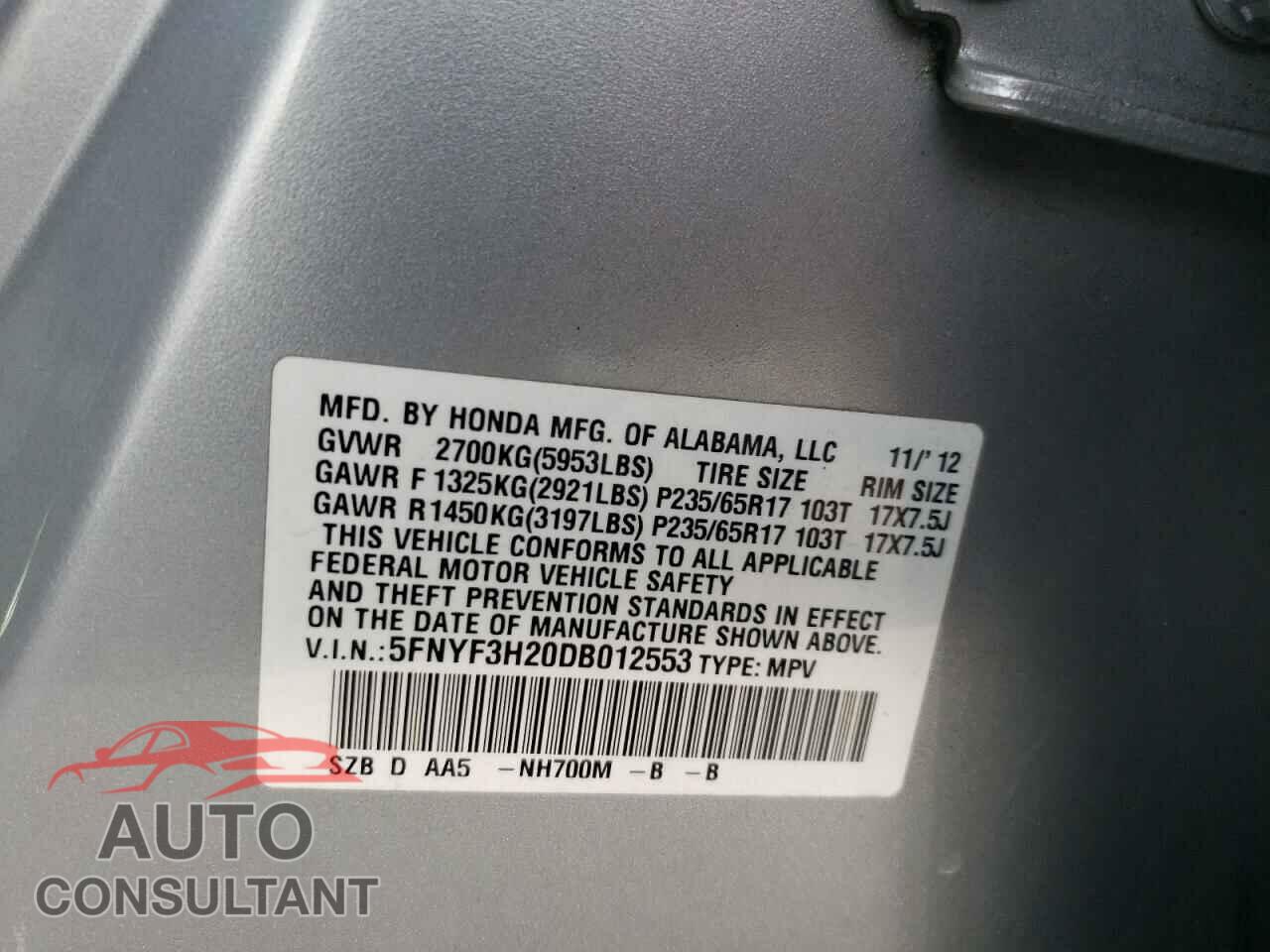 HONDA PILOT 2013 - 5FNYF3H20DB012553