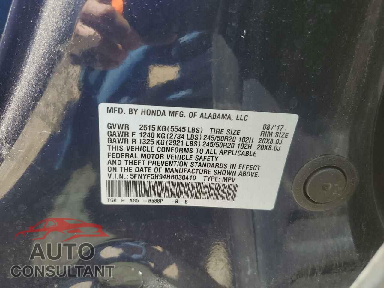 HONDA PILOT 2017 - 5FNYF5H94HB030410