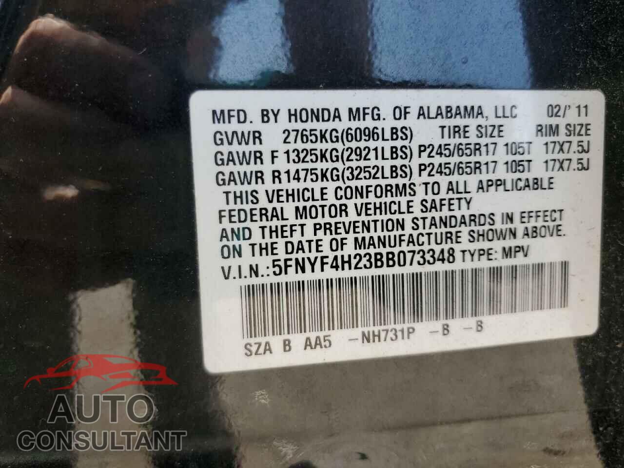 HONDA PILOT 2011 - 5FNYF4H23BB073348