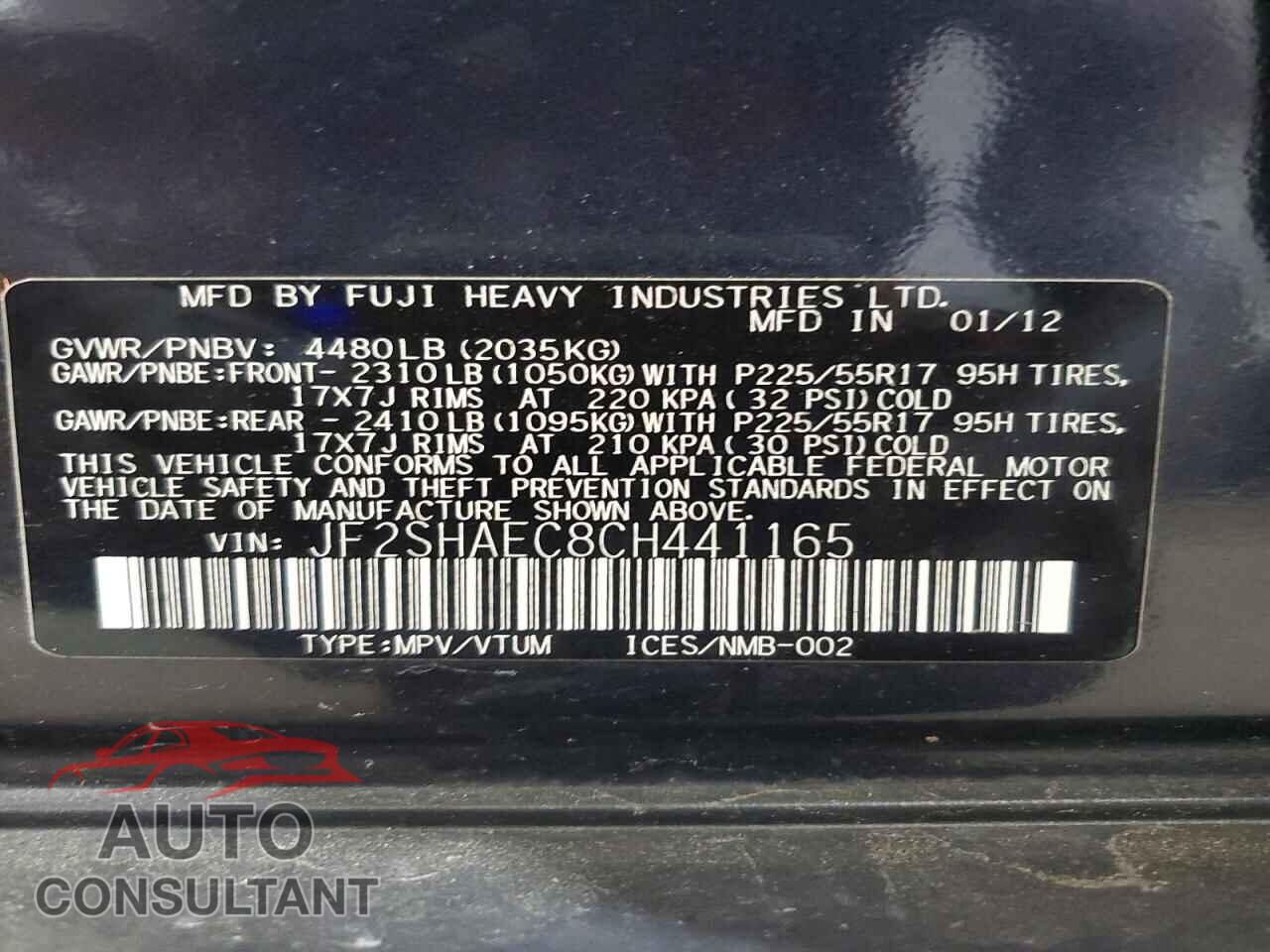 SUBARU FORESTER 2012 - JF2SHAEC8CH441165