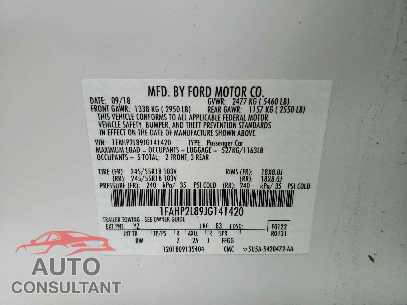FORD TAURUS 2018 - 1FAHP2L89JG141420