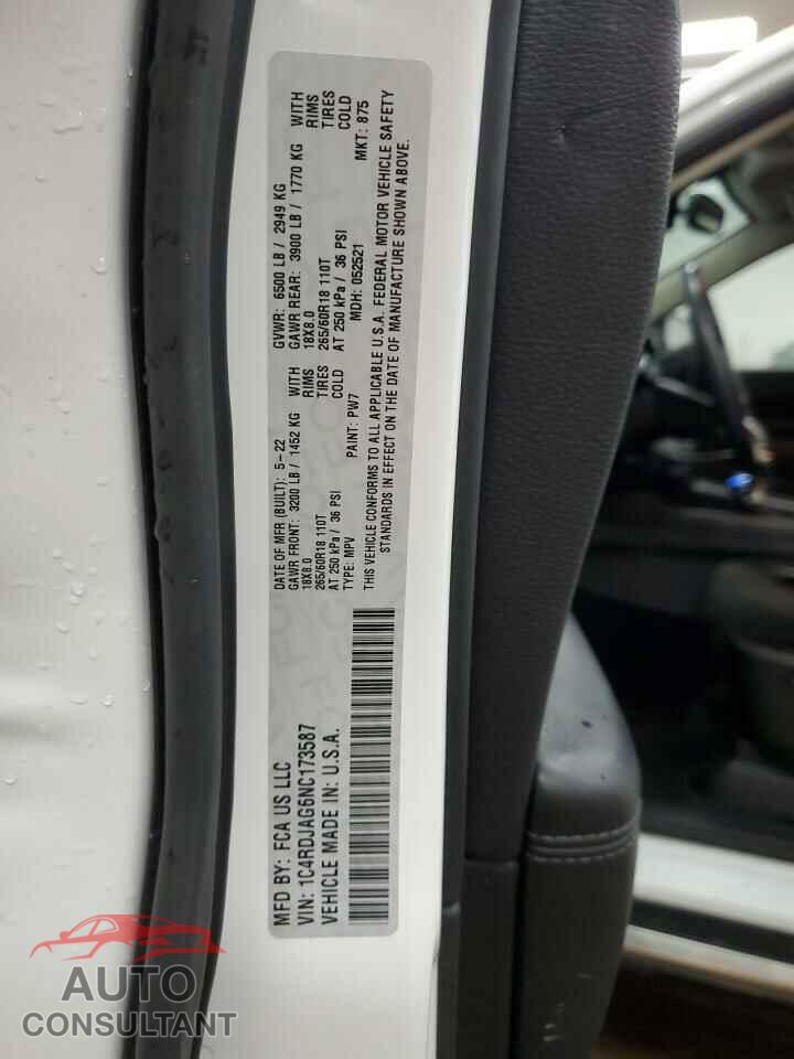 DODGE DURANGO 2022 - 1C4RDJAG6NC173587