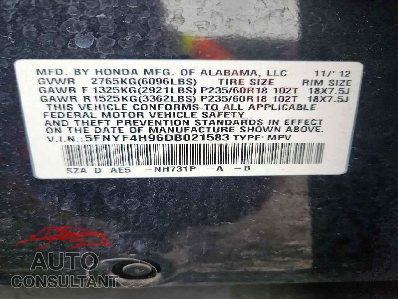 HONDA PILOT 2013 - 5FNYF4H96DB021583