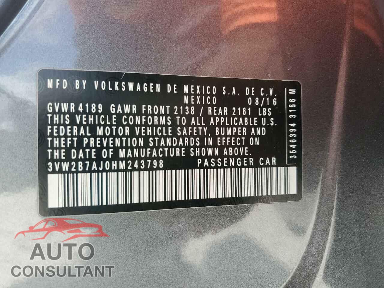 VOLKSWAGEN JETTA 2017 - 3VW2B7AJ0HM243798