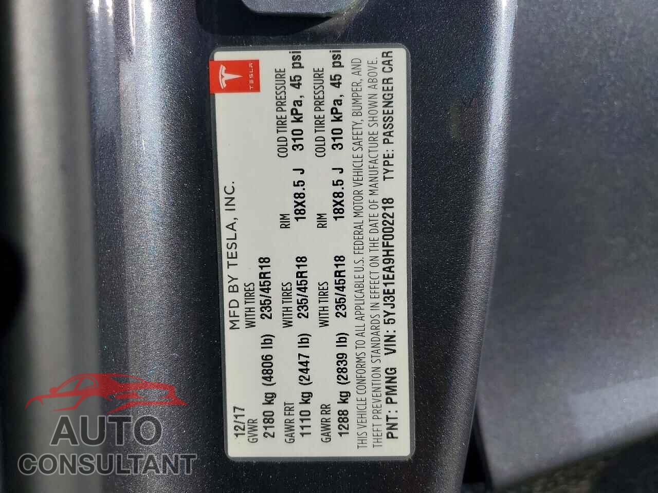 TESLA MODEL 3 2017 - 5YJ3E1EA9HF002218