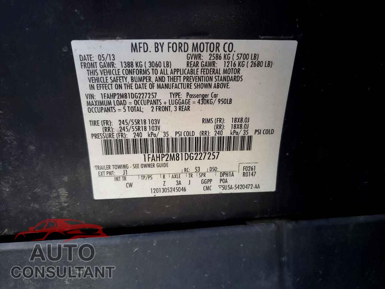 FORD TAURUS 2013 - 1FAHP2M81DG227257
