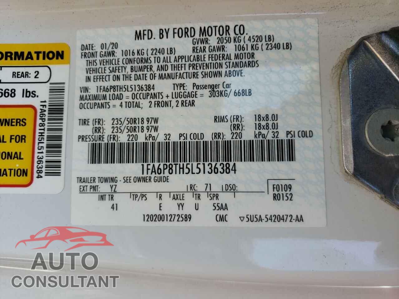 FORD MUSTANG 2020 - 1FA6P8TH5L5136384