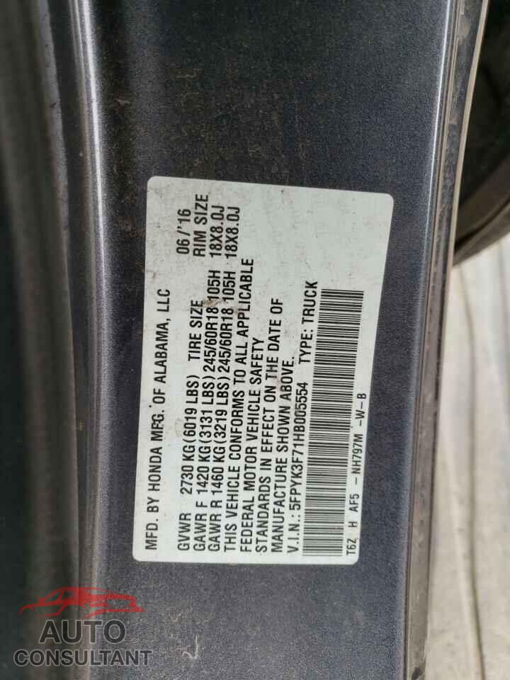 HONDA RIDGELINE 2017 - 5FPYK3F71HB005554