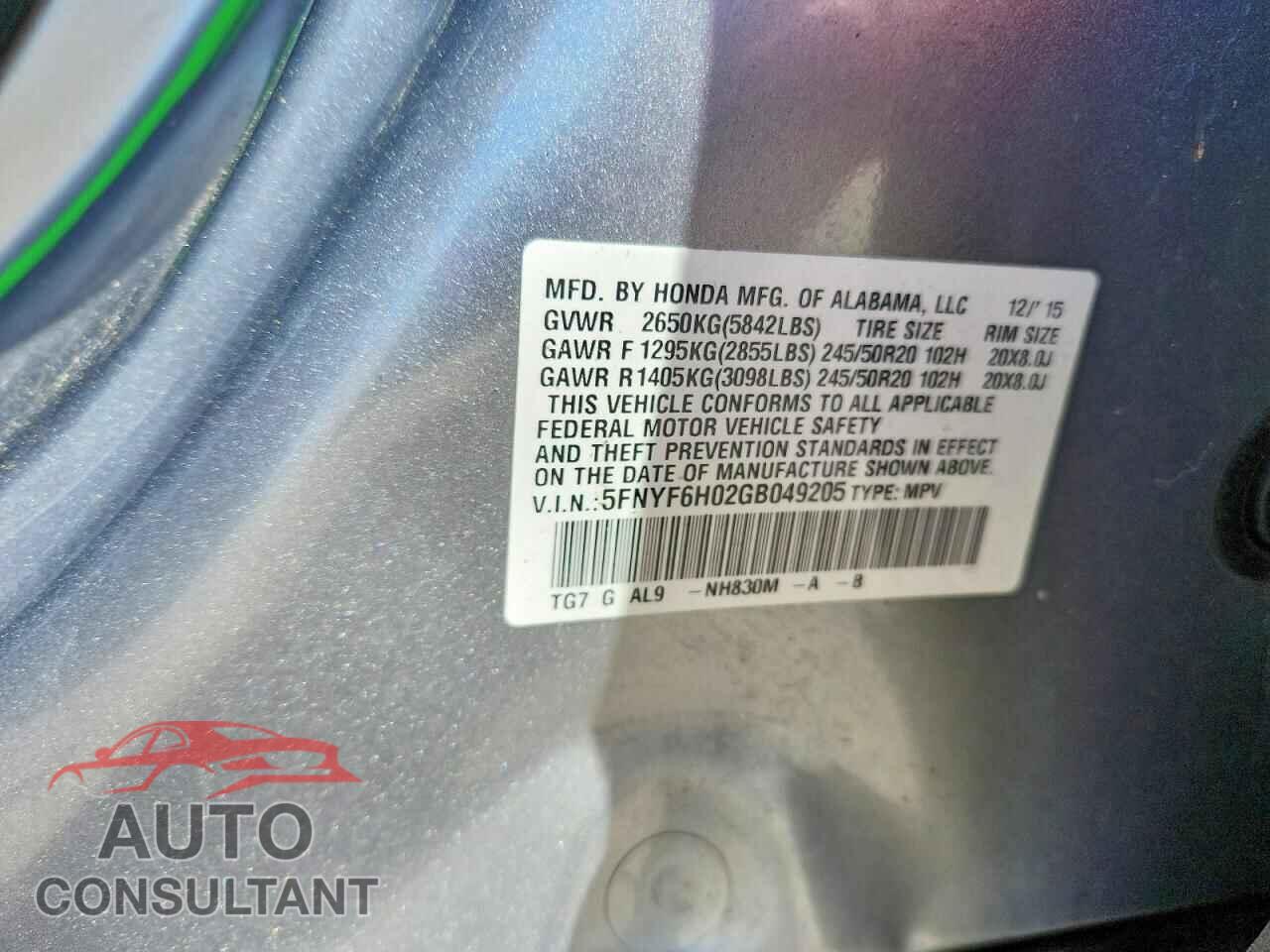 HONDA PILOT 2016 - 5FNYF6H02GB049205
