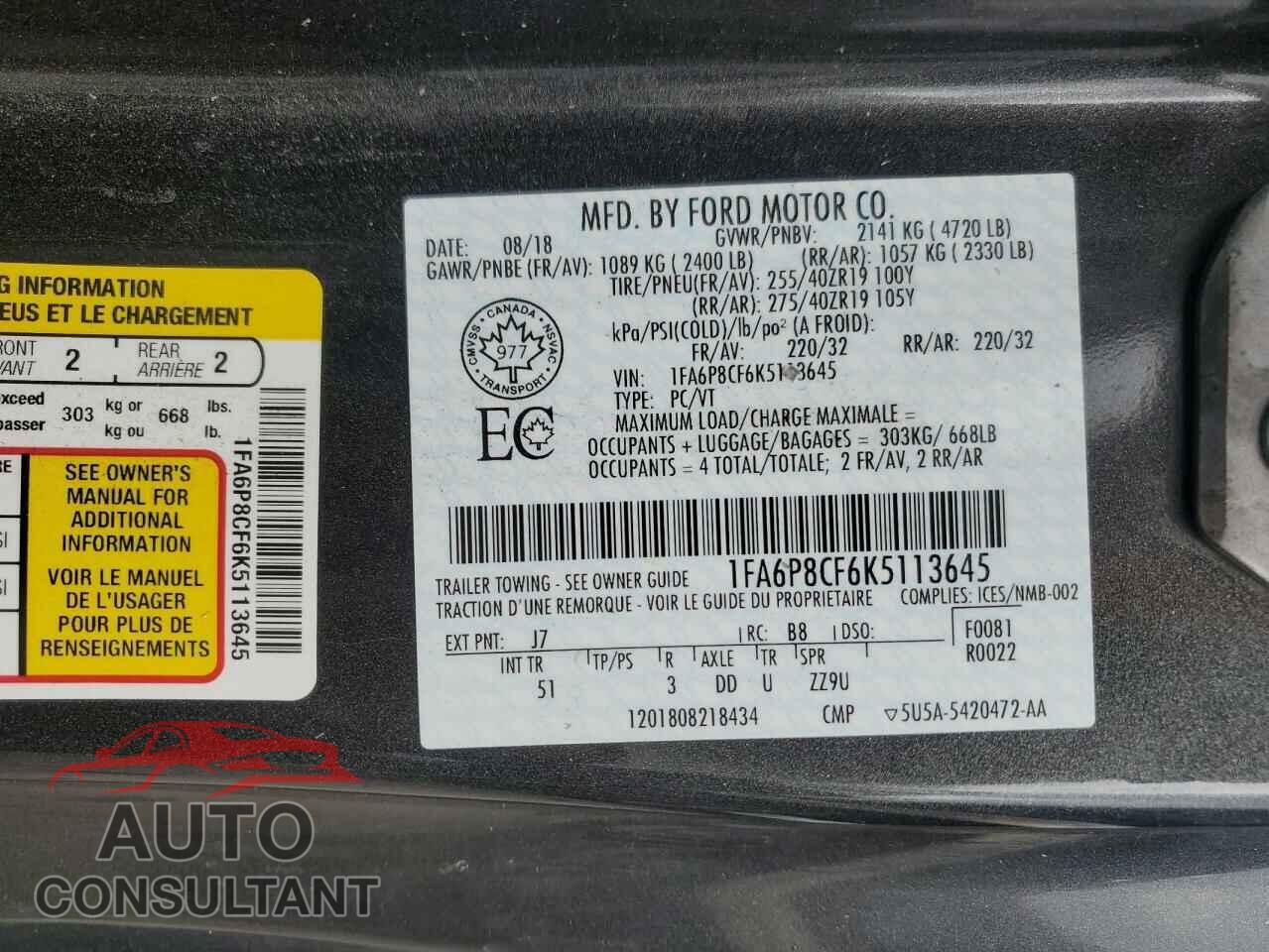 FORD MUSTANG 2019 - 1FA6P8CF6K5113645