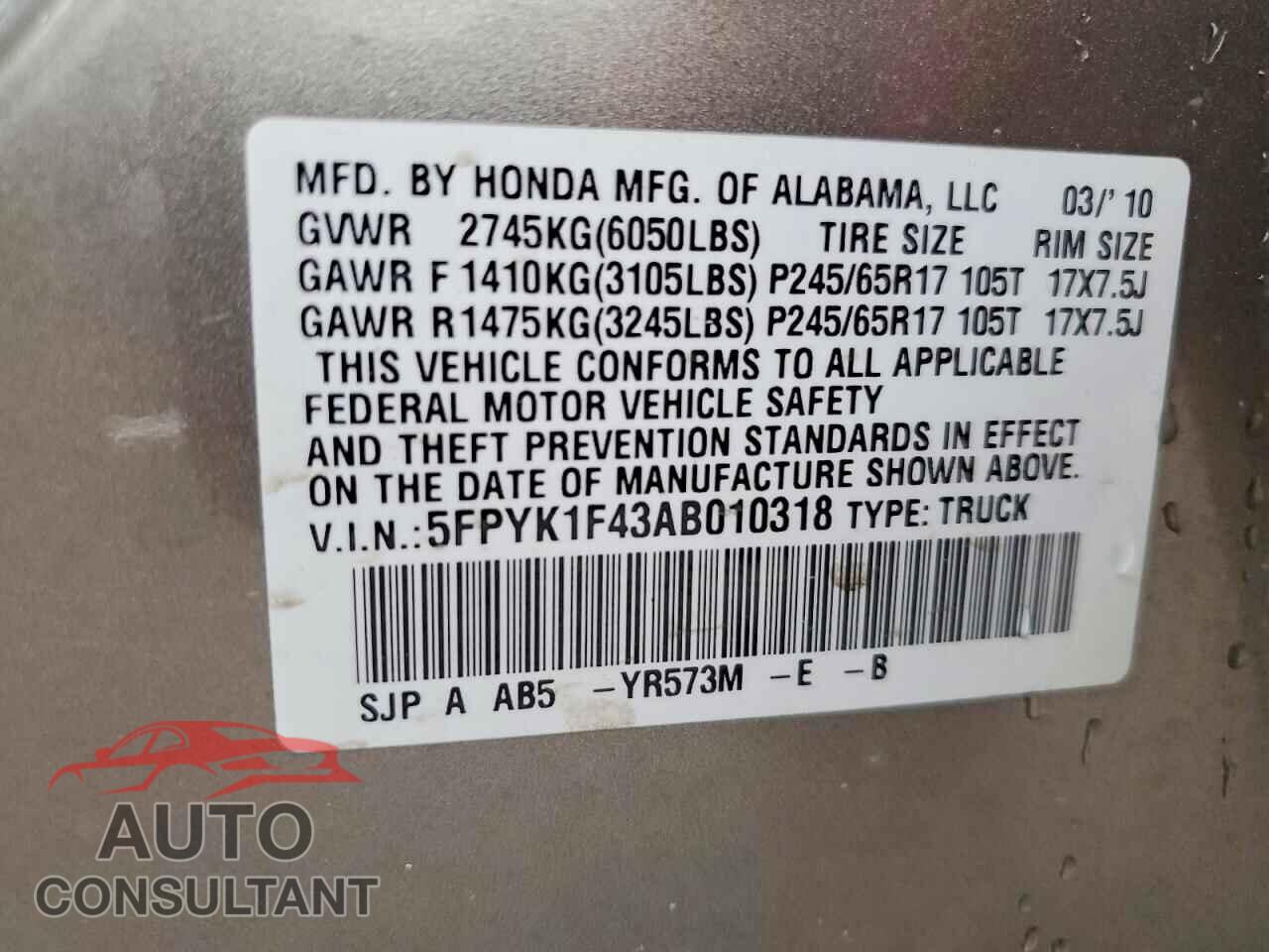 HONDA RIDGELINE 2010 - 5FPYK1F43AB010318