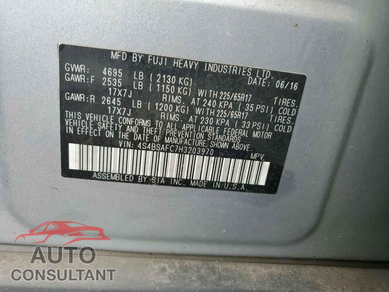 SUBARU OUTBACK 2017 - 4S4BSAFC7H3203970