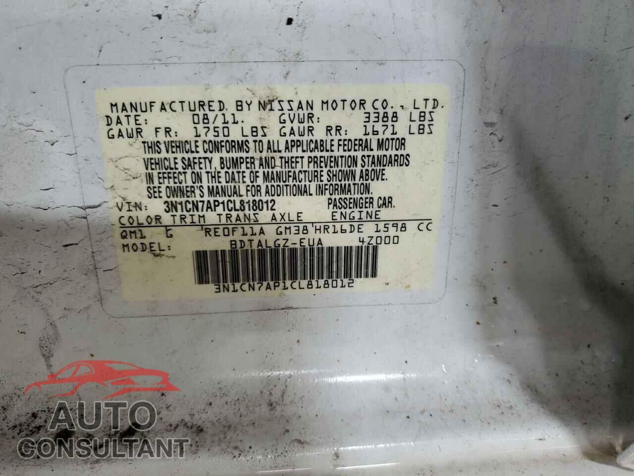 NISSAN VERSA 2012 - 3N1CN7AP1CL818012