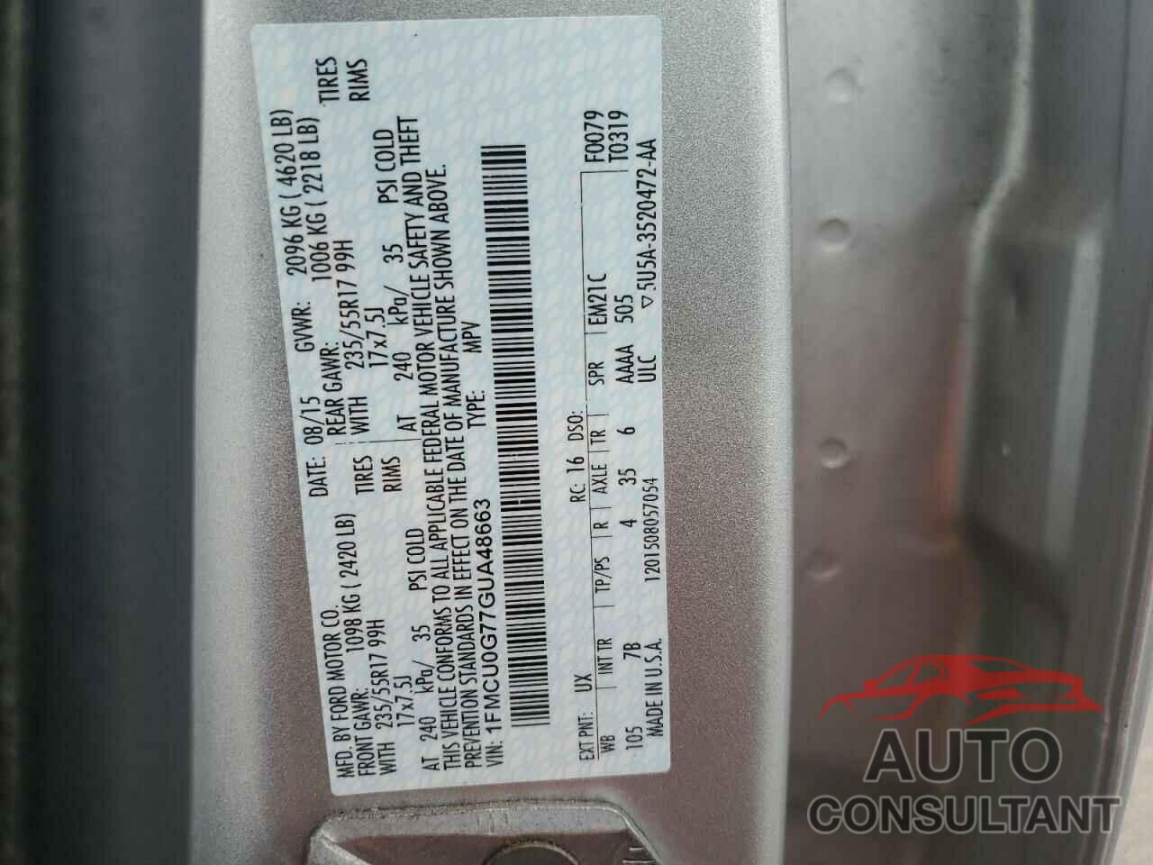 FORD ESCAPE 2016 - 1FMCU0G77GUA48663