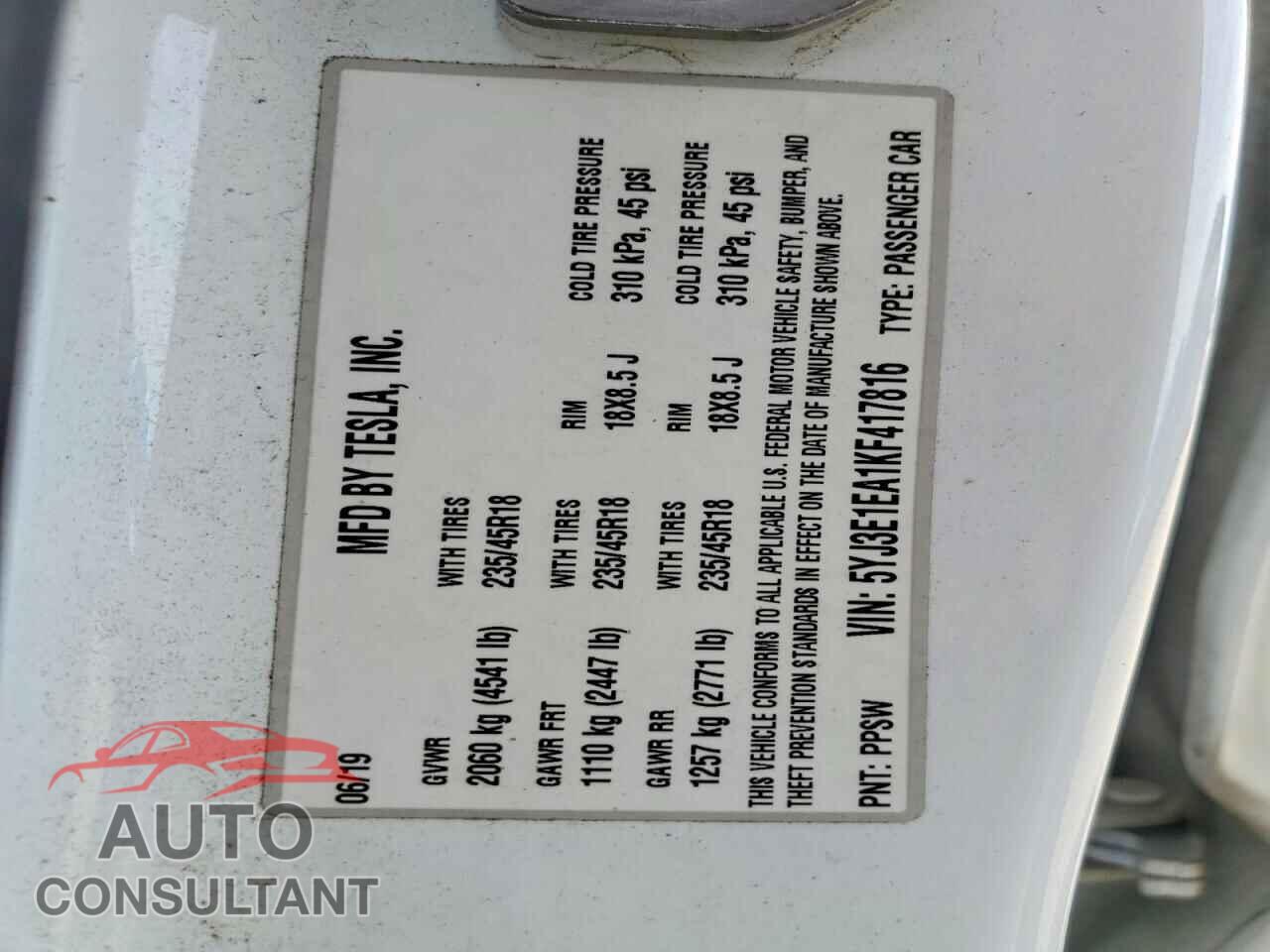 TESLA MODEL 3 2019 - 5YJ3E1EA1KF417816