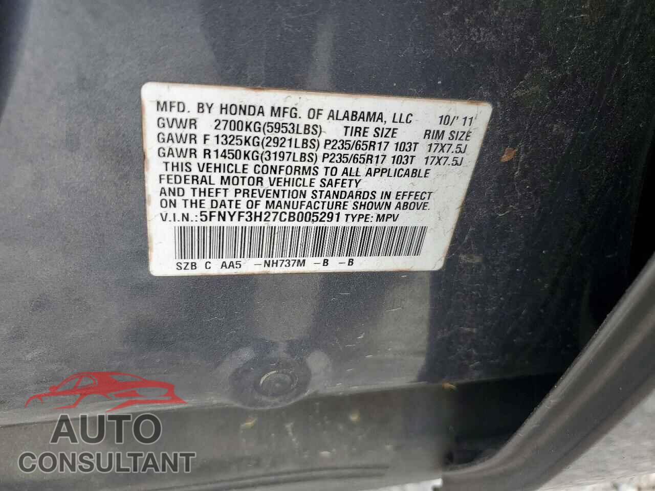 HONDA PILOT 2012 - 5FNYF3H27CB005291