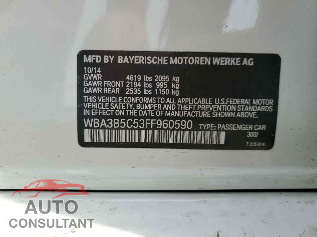 BMW 3 SERIES 2015 - WBA3B5C53FF960590
